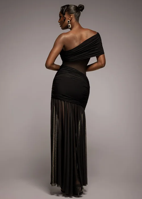 Goddiva Black Gathered One Shoulder Sheer Panel Maxi Dress - 12 Image 2