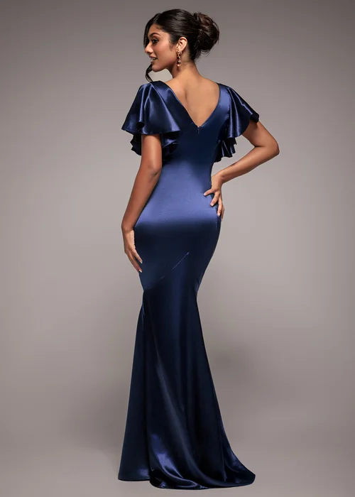Goddiva Navy Satin Flutter Sleeve Mermaid Maxi Dress - 8 Image 2