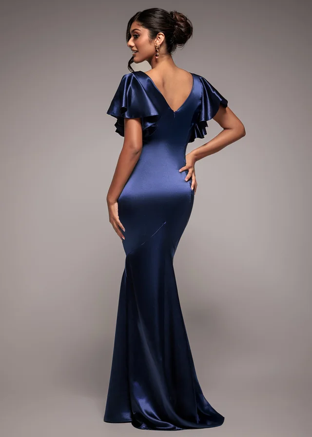Goddiva Navy Satin Flutter Sleeve Mermaid Maxi Dress