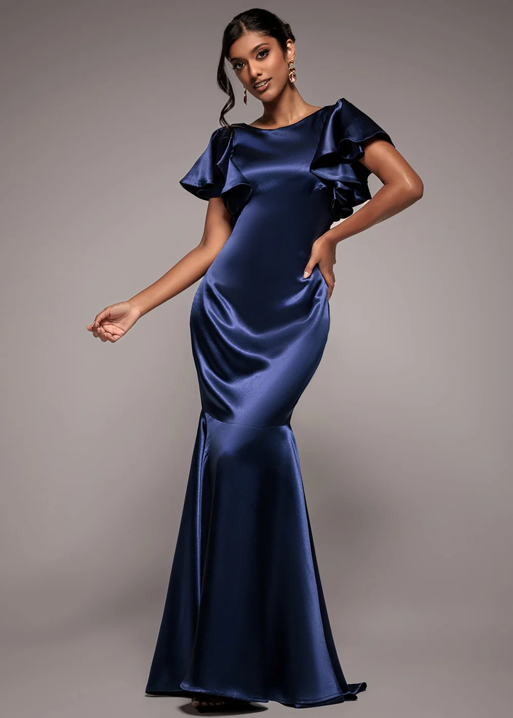 Goddiva Navy Satin Flutter Sleeve Mermaid Maxi Dress - 8 Image 1
