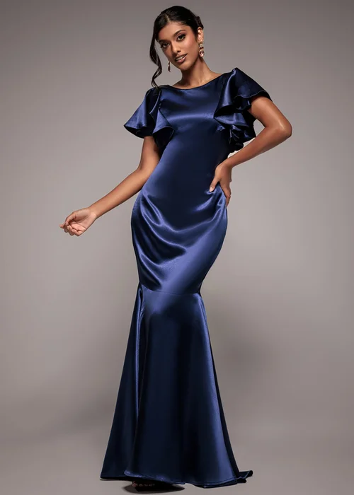 Goddiva Navy Satin Flutter Sleeve Mermaid Maxi Dress - 8 Image 1