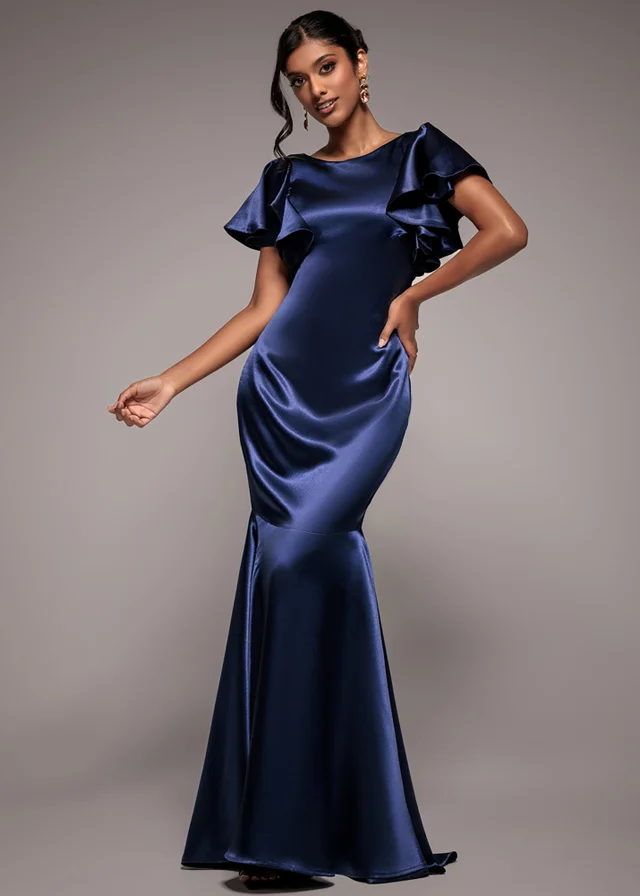 Goddiva Navy Satin Flutter Sleeve Mermaid Maxi Dress