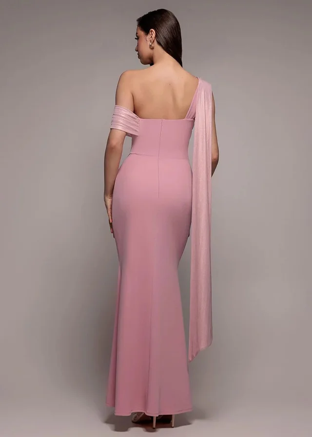 Goddiva Pink Lurex Pleated Bardot One Shoulder Cape Maxi Dress