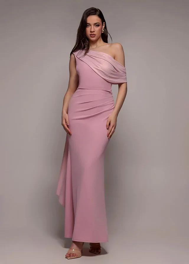 Goddiva Pink Lurex Pleated Bardot One Shoulder Cape Maxi Dress