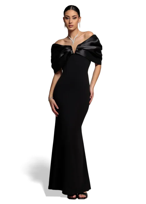 Goddiva Black Satin Plunge Neck Bardot Scuba Maxi Dress - 10 Image 1