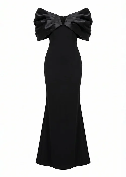 Goddiva Black Satin Plunge Neck Bardot Scuba Maxi Dress - 10 Image 5