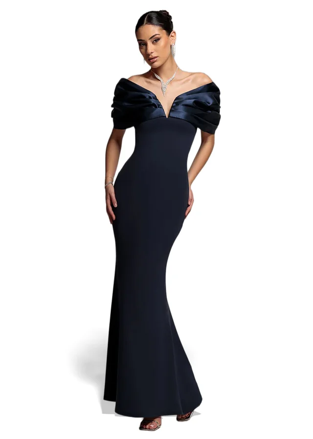 Goddiva Navy Satin Plunge Neck Bardot Scuba Maxi Dress