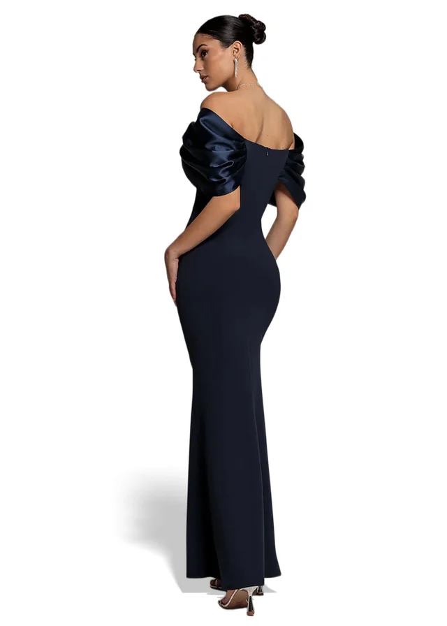 Goddiva Navy Satin Plunge Neck Bardot Scuba Maxi Dress