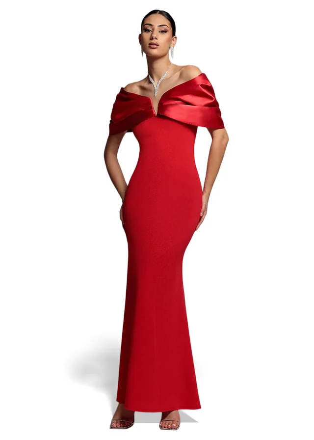 Goddiva Red Satin Plunge Neck Bardot Scuba Maxi Dress