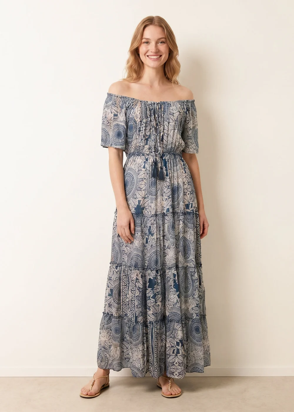 Blue Vanilla Navy Tie Front Bardot Maxi Dress - L/XL Image 2