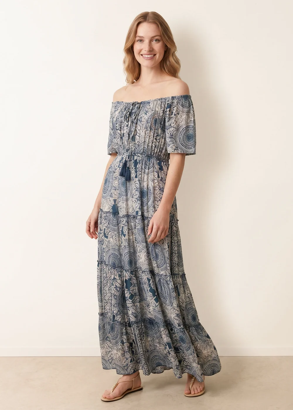 Blue Vanilla Navy Tie Front Bardot Maxi Dress - L/XL Image 1