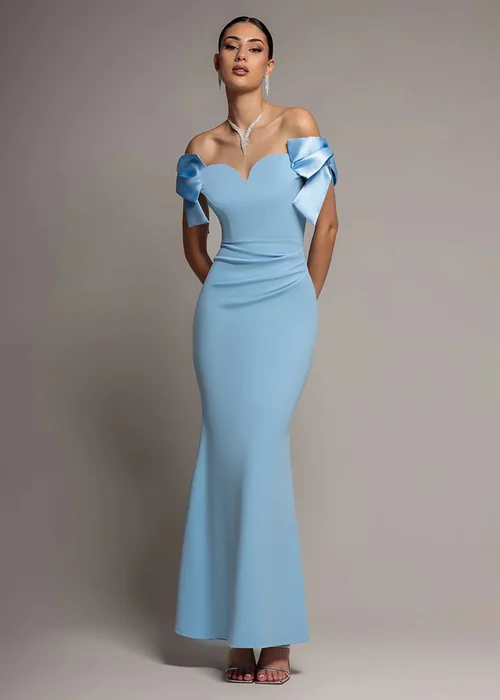 Goddiva Ice Blue Satin Bow Bardot Sheath Maxi Dress - 14 Image 1