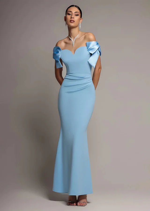 Goddiva Ice Blue Satin Bow Bardot Sheath Maxi Dress