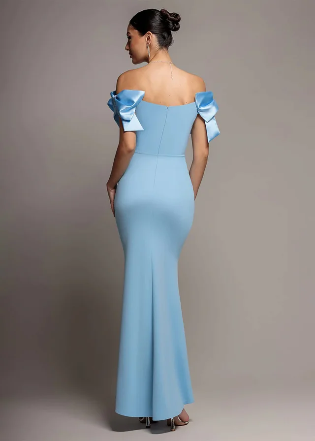 Goddiva Ice Blue Satin Bow Bardot Sheath Maxi Dress