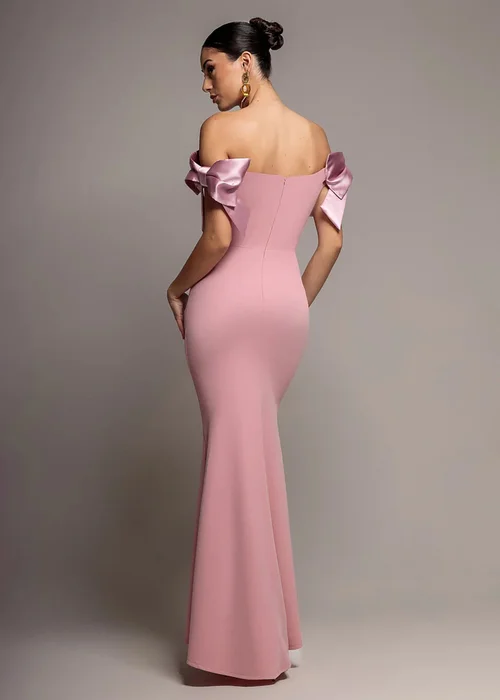 Goddiva Blush Satin Bow Bardot Sheath Maxi Dress - 18 Image 2