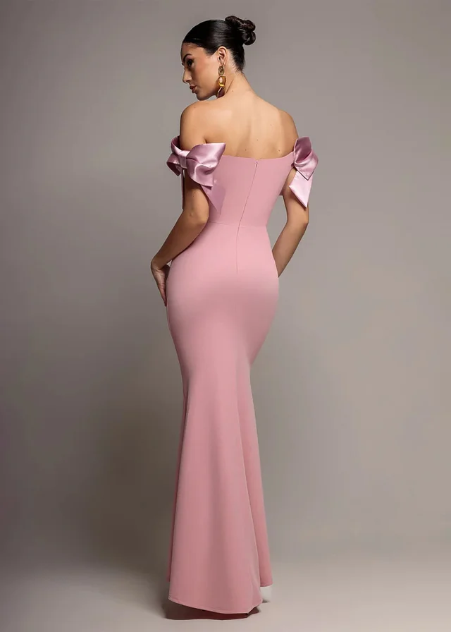 Goddiva Blush Satin Bow Bardot Sheath Maxi Dress