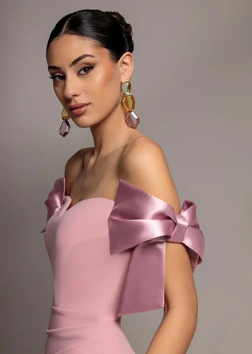 Goddiva Blush Satin Bow Bardot Sheath Maxi Dress - 18 Image 3