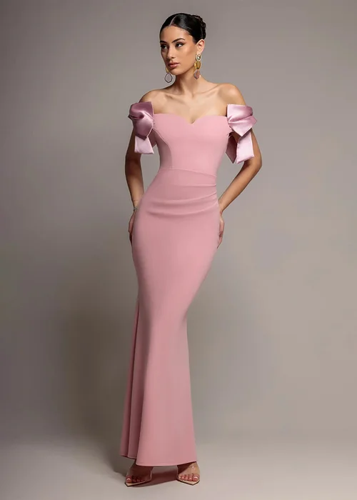 Goddiva Blush Satin Bow Bardot Sheath Maxi Dress - 18 Image 1