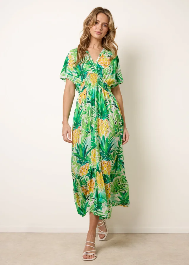 Blue Vanilla Green Pineapple Double V Midi Dress