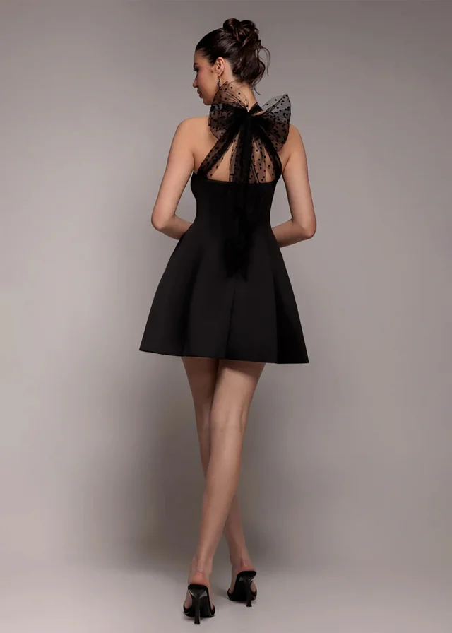 Goddiva Black Scuba & Polka Mesh Bella Bow Multiway Skater Mini Dress