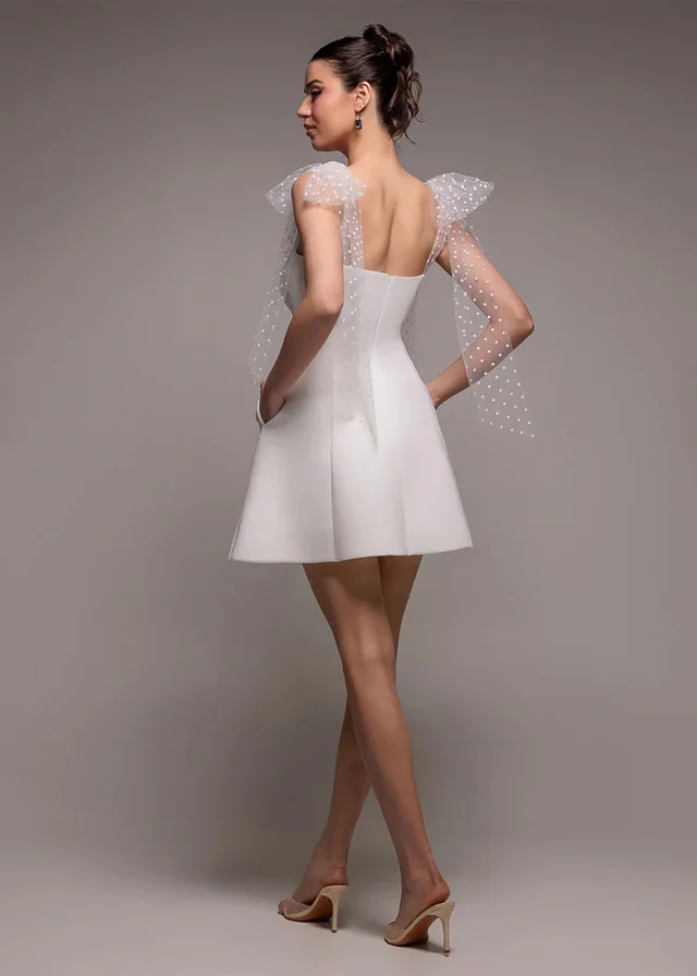 Goddiva White Scuba & Polka Mesh Bella Bow Multiway Skater Mini Dress