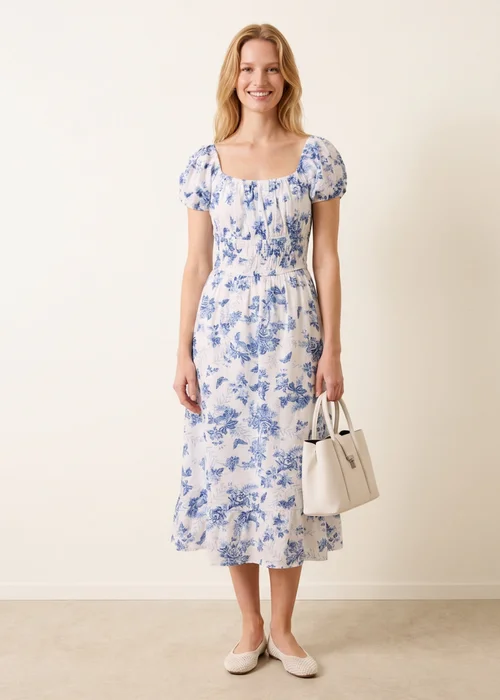 Blue Vanilla Blue Off The Shoulder Puff Sleeve Shirred Print Dress - XL Image 2