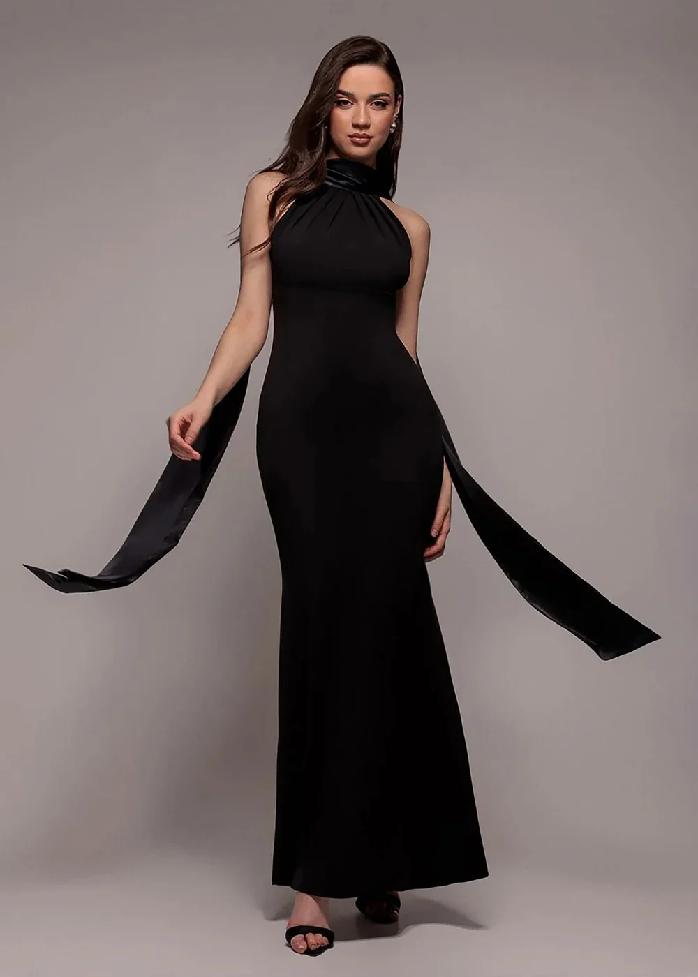 Goddiva Black Satin Multi Tie Halterneck Maxi Dress - 18 Image 1