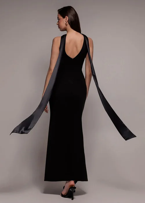 Goddiva Black Satin Multi Tie Halterneck Maxi Dress - 18 Image 2