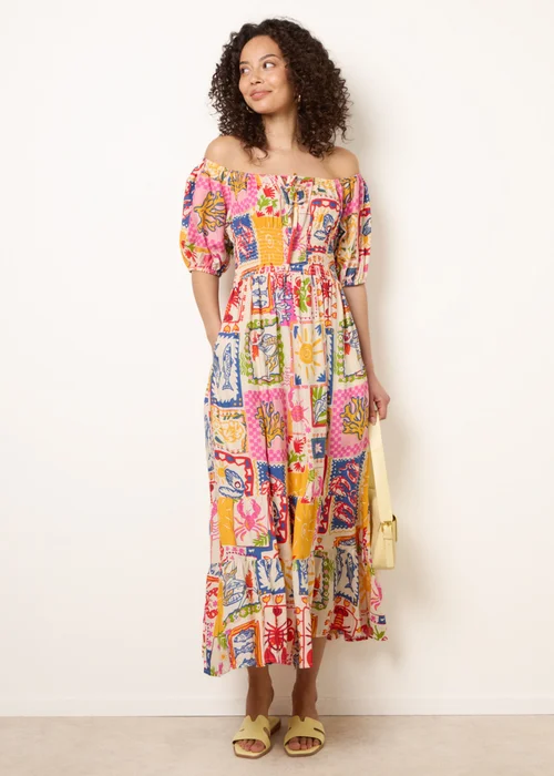 Blue Vanilla Multi Postcard Tie Front Bardot Shirred Midi Dress - S Image 3