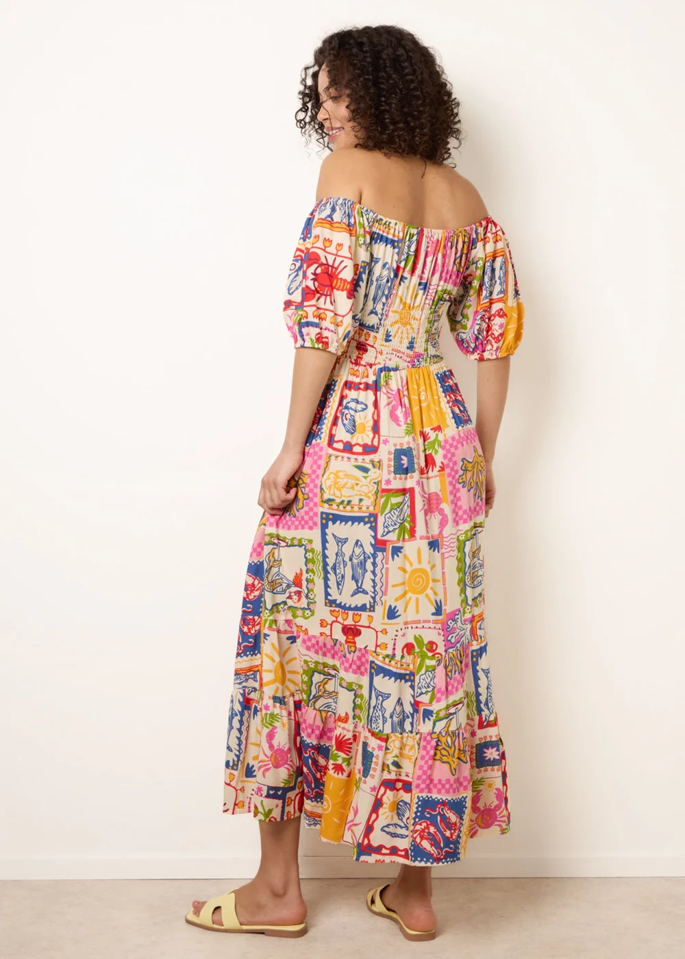 Blue Vanilla Multi Postcard Tie Front Bardot Shirred Midi Dress - S Image 4