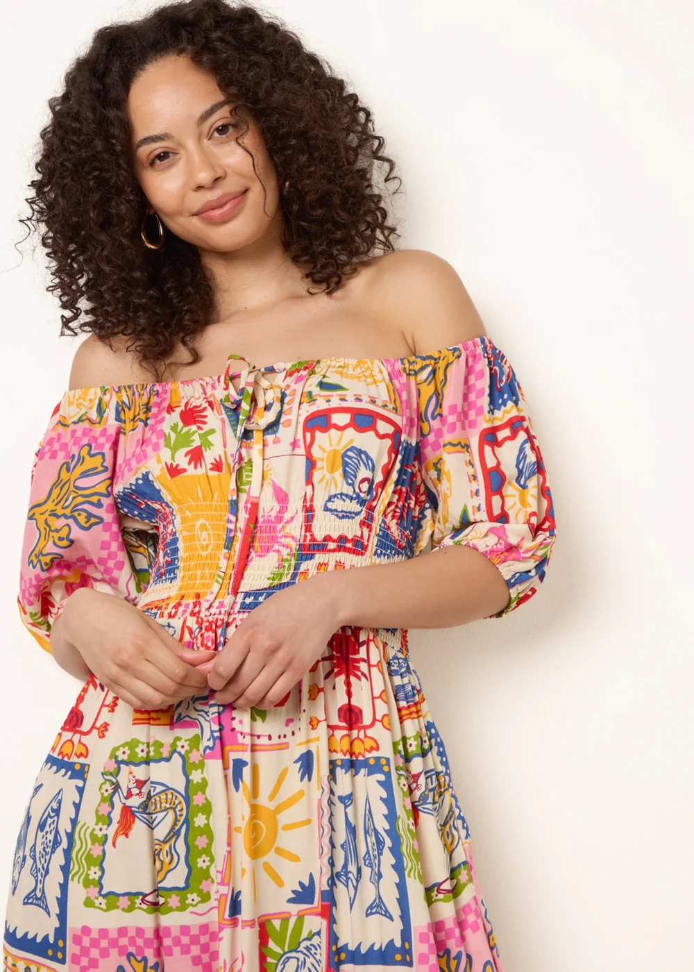 Blue Vanilla Multi Postcard Tie Front Bardot Shirred Midi Dress - S Image 2