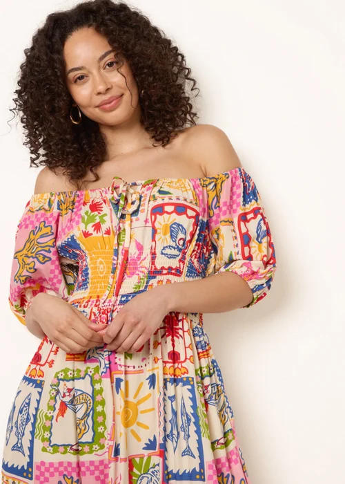 Blue Vanilla Multi Postcard Tie Front Bardot Shirred Midi Dress - S Image 2