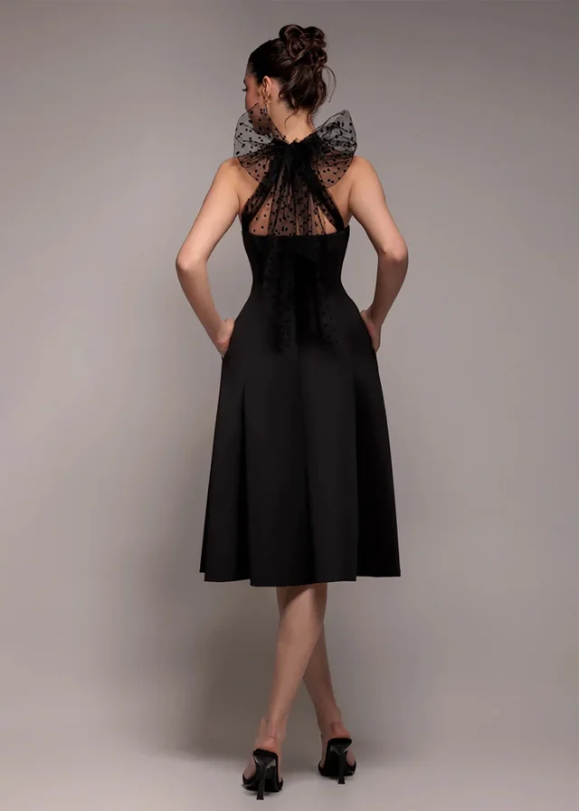Goddiva Black Scuba & Polka Mesh Bella Bow Multiway A Line Midi Dress