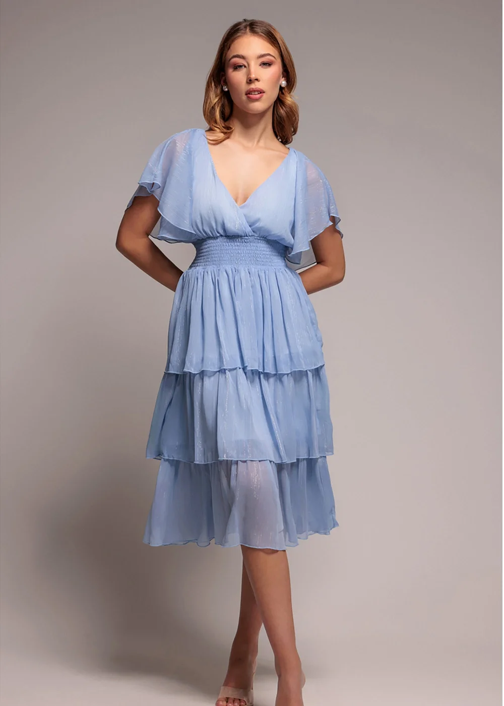 Goddiva Light Blue Plain Lurex Chiffon Tiered Midi Dress - 10 Image 1