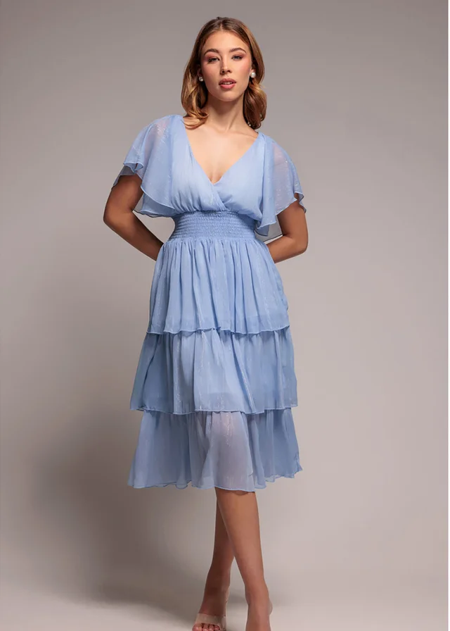 Goddiva Light Blue Plain Lurex Chiffon Tiered Midi Dress