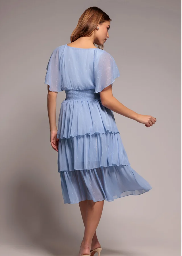 Goddiva Light Blue Plain Lurex Chiffon Tiered Midi Dress