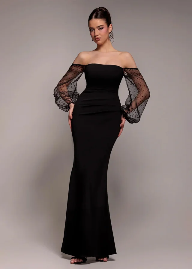 Goddiva Black Dobby Organza Bishop Sleeve Multiway Maxi Dress