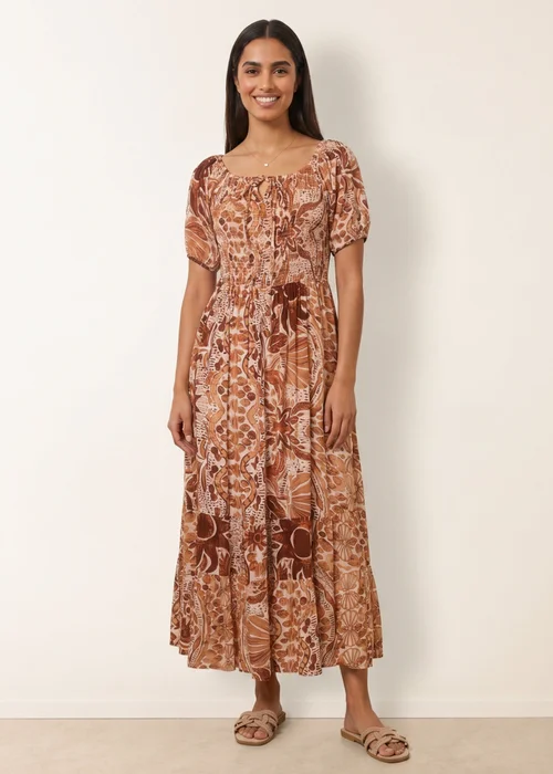 Blue Vanilla Brown Tie Front Shirred Midi Dress - XL Image 1