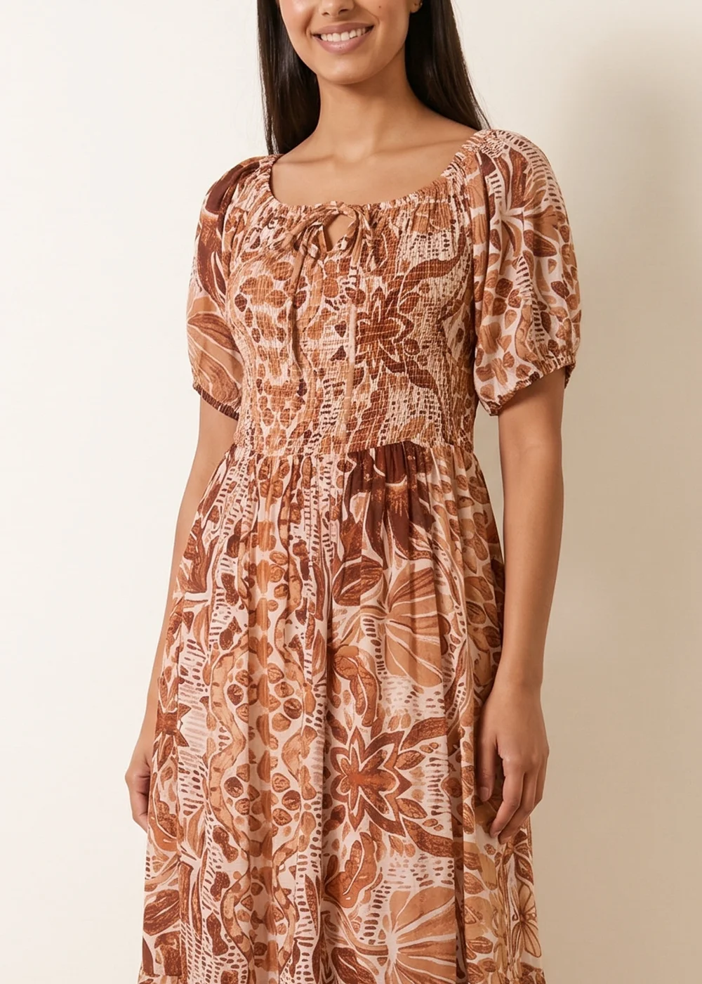 Blue Vanilla Brown Tie Front Shirred Midi Dress - XL Image 3