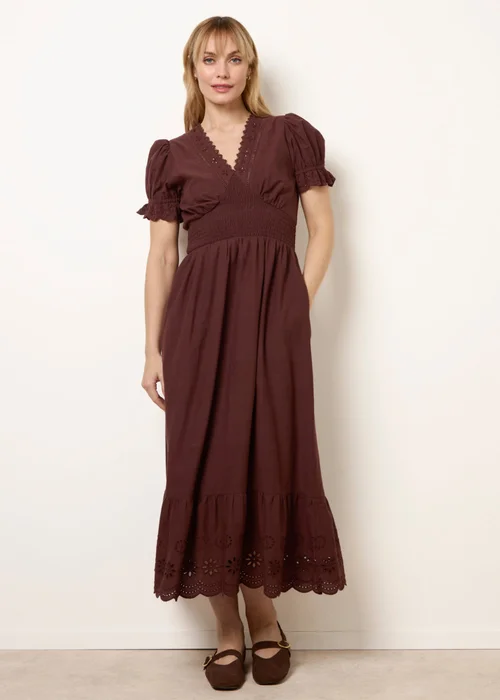 Blue Vanilla Brown Embroidery Detail V-Neck Maxi Dress - L Image 3