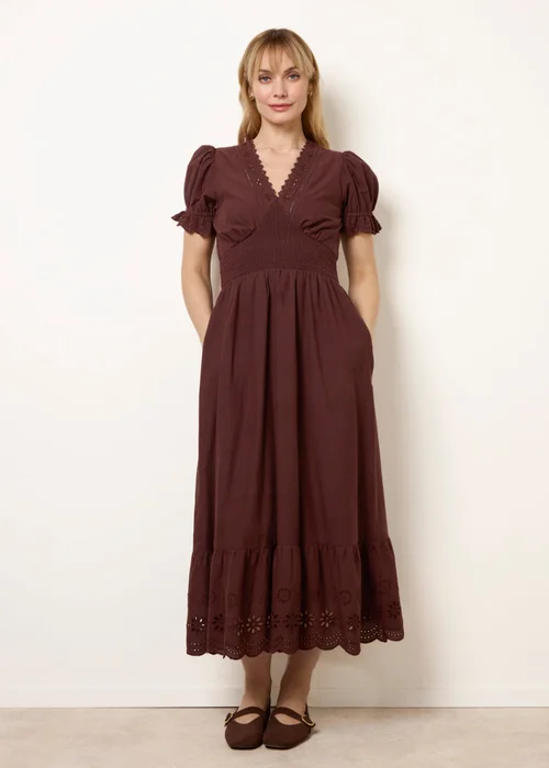 Blue Vanilla Brown Embroidery Detail V-Neck Maxi Dress - L Image 1