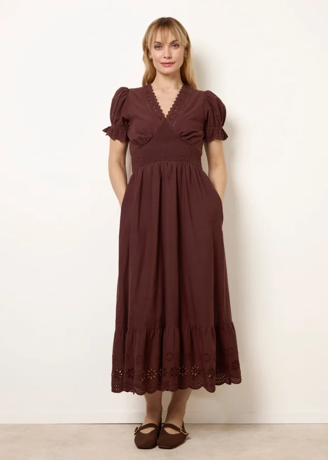 Blue Vanilla Brown Embroidery Detail V-Neck Maxi Dress