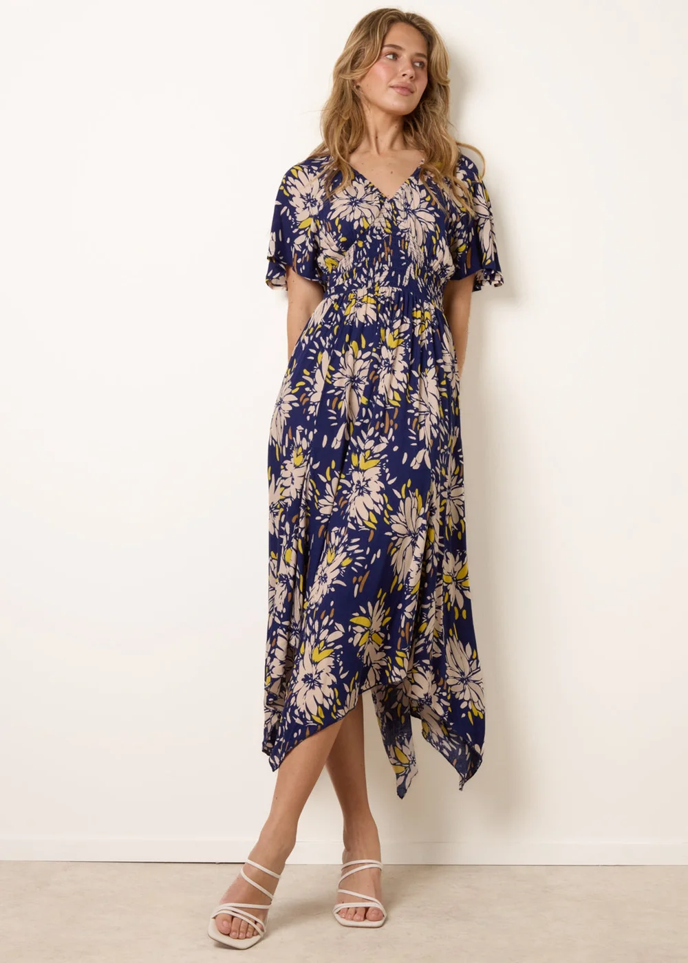 Blue Vanilla Yellow Shirred Waist Hanky Hem Dress - M/L Image 1