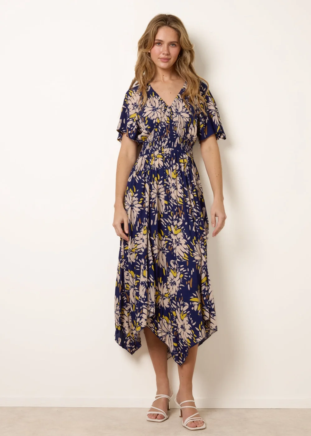 Blue Vanilla Yellow Shirred Waist Hanky Hem Dress - M/L Image 3
