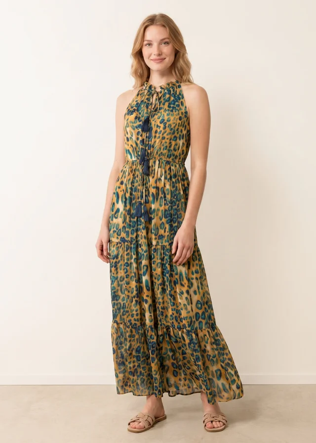 Blue Vanilla Brown Diamante Tiered Tie Front Dress