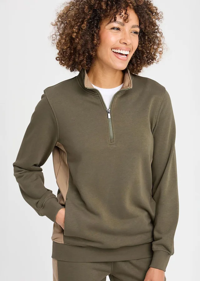 Cotton Traders Khaki Half Zip Panelled Sweatshirt
