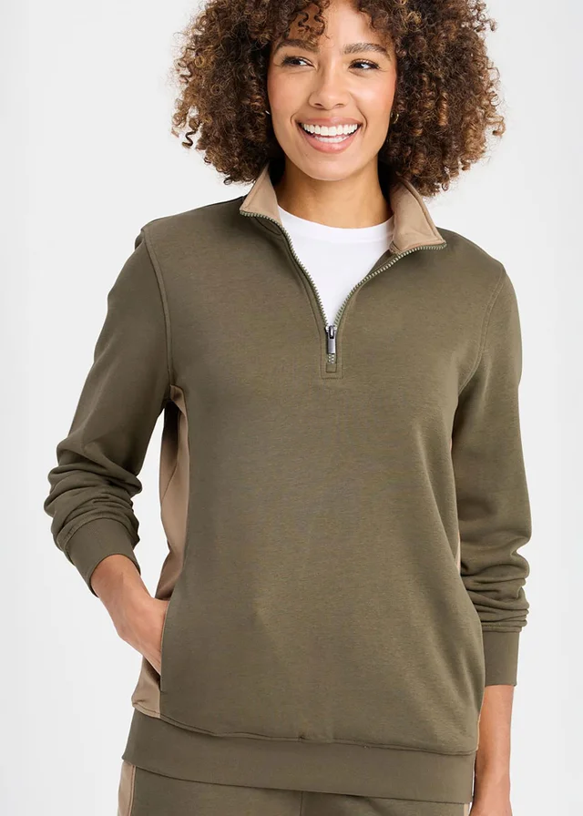 Cotton Traders Khaki Half Zip Panelled Sweatshirt