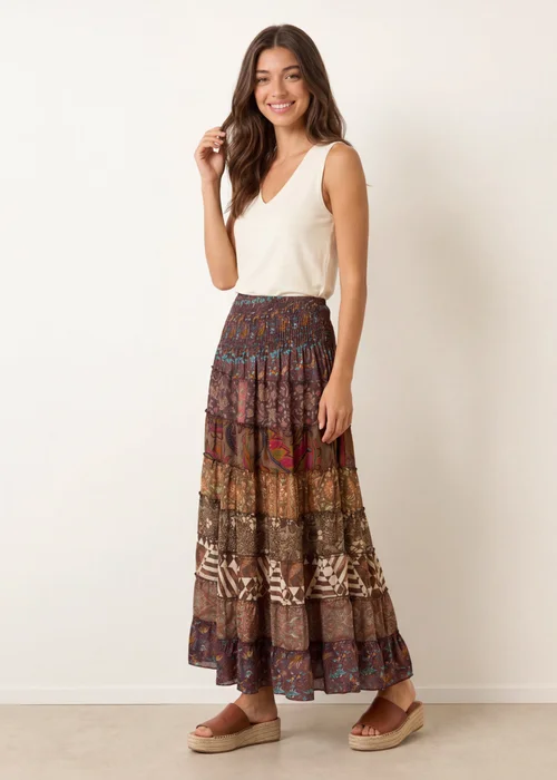 Blue Vanilla Brown Multi Print Shirred Skirt - One Size Image 1