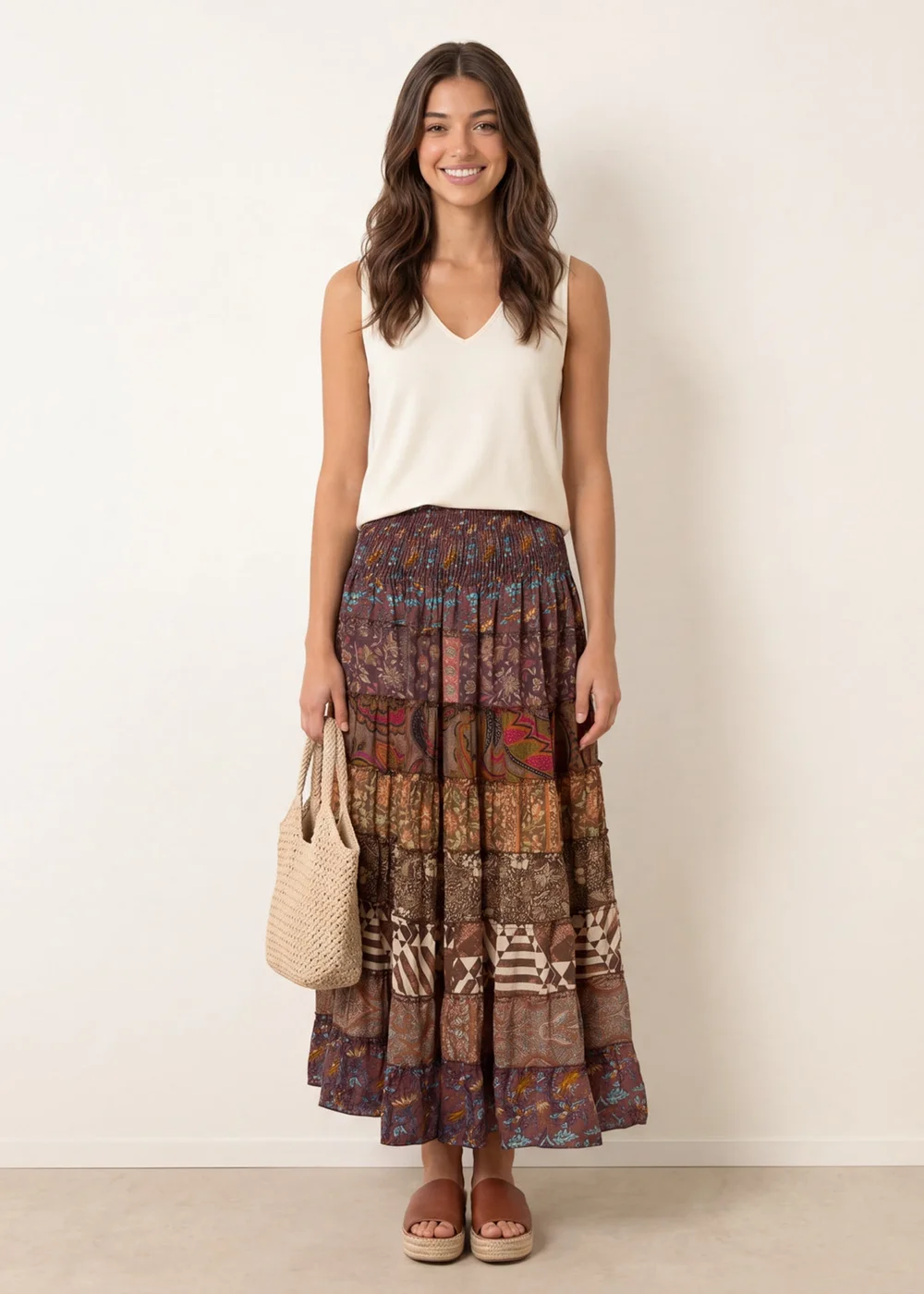 Blue Vanilla Brown Multi Print Shirred Skirt - One Size Image 3