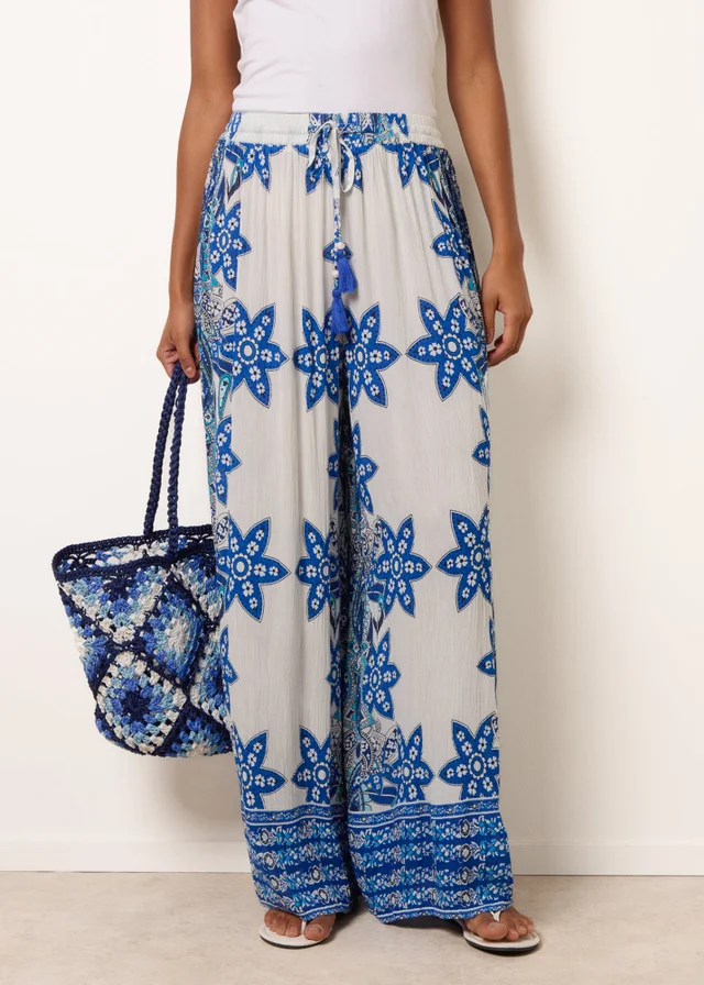 Blue Vanilla Blue Paisley Floral Wide Leg Printed Trousers